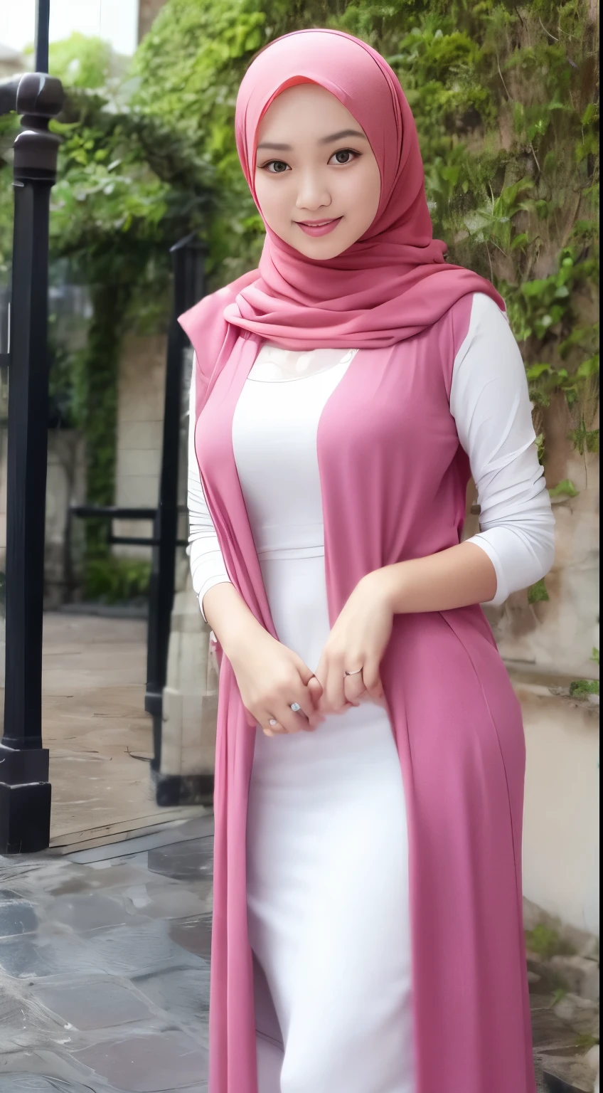 1 Malay girl wearing a hijab, wearing a long pink vest, with a long thin white dress very wet, with open buttons showing breasts. Mosque courtyard background.