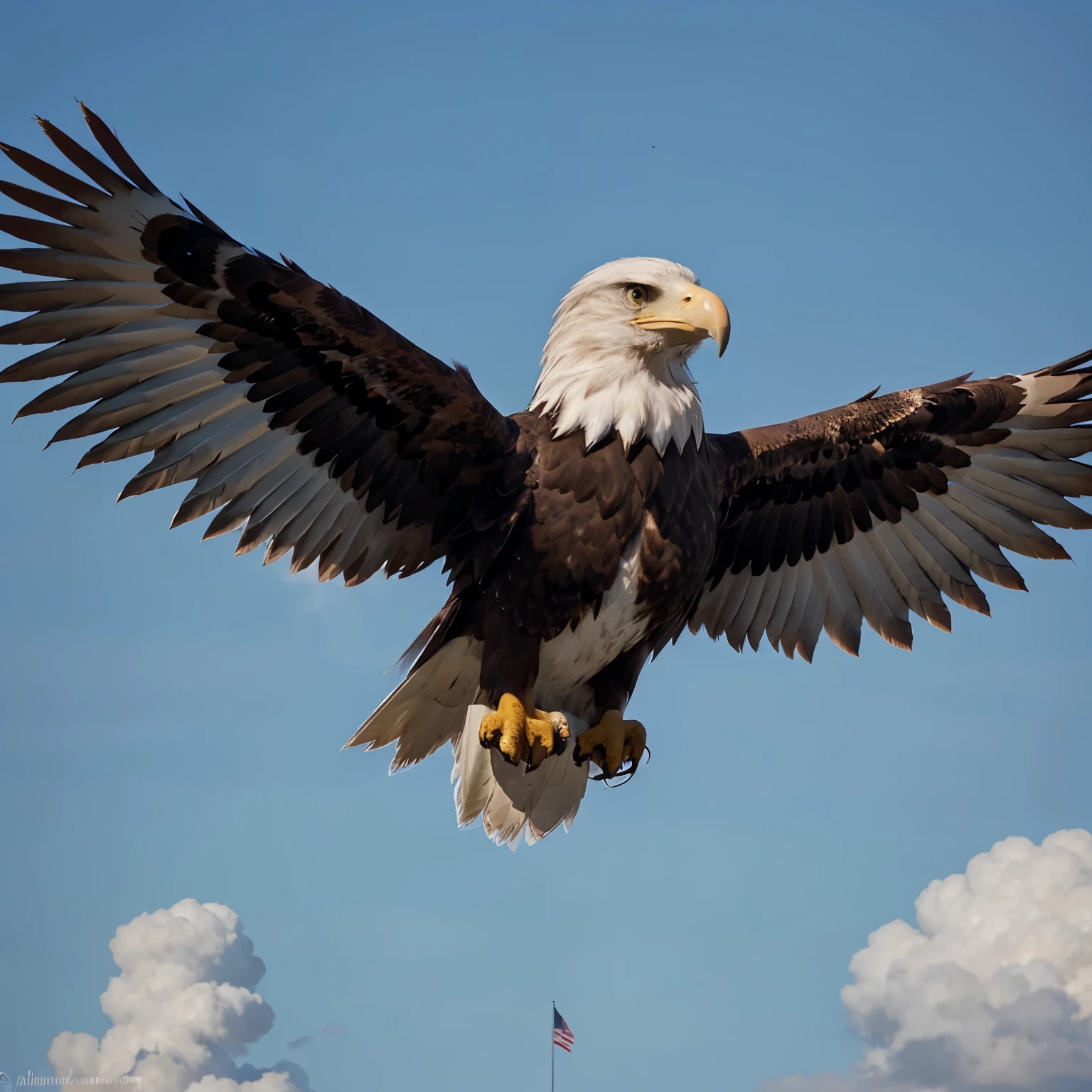 medium resolution, some lines scratched like a drawing , the American flag in the background, the eagle with the Head UP, and the wings open, the eagle 's face show bravure