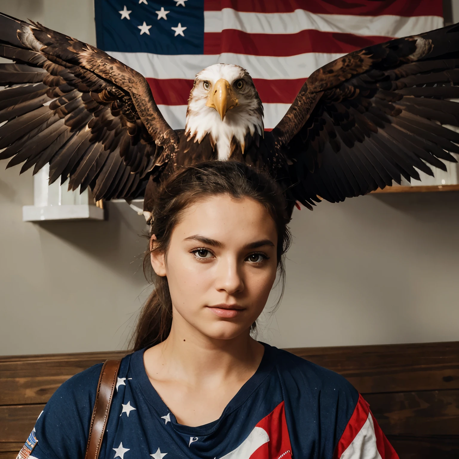 medium resolution, some lines scratched like a drawing , the American flag in the background, the eagle with the Head UP, and the wings open, the eagle 's face show bravure