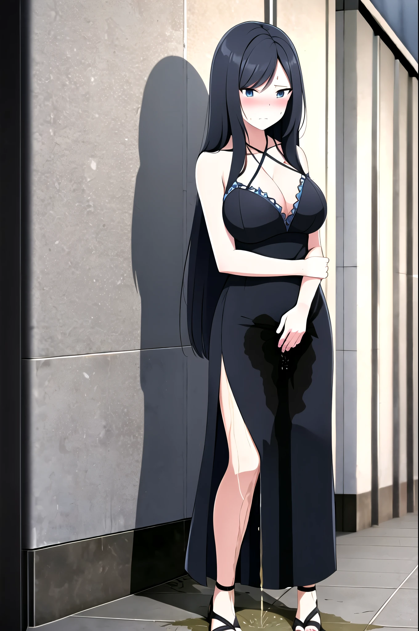 A woman with very long black hair, (very long hair:1.25) and (long bangs:1.5), wearing a stylish long dress, standing. The artwork is inspired by manga and incorporates a doujin style. The woman appears to be (wetting herself:1.5), which causes her to feel embarrassed and humiliated, resulting in a blush on her face. In addition, there is an air of anger in her expression. The lighting in the scene is moody, with a spotlight highlighting the woman's figure, Her arms are crossed (crossing arms:1.5), showcasing a very large pee stain that covers almost the entire front of her dress., large breasts, skinny