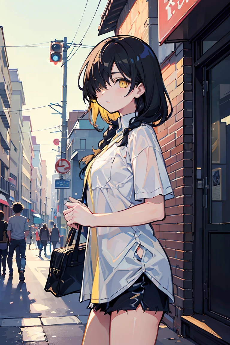 (1 girl), (((Hair on one eye))),Low exposure, Cowboy Shot, Punk Fashion,(super high quality), masterpiece, cute, Casual Scene, Relaxed atmosphere, She is wearing fashionable clothes, beautiful表情 , Warm sunshine, Street atmosphere, urban environment. Perfect body,Fresh, (Asymmetrical bangs:1.3), Braided hair, Highly detailed face and eyes, (Black Hair, Deep gradation yellow eyes:1.2),(Shining highlight eye), Digital Art, beautiful, Cinema Lighting, by Yusuke Murata.tonality, Romanticism, modern art, Impressionism, reflected light, 8k, masterpiece, Advanced Details, highest quality