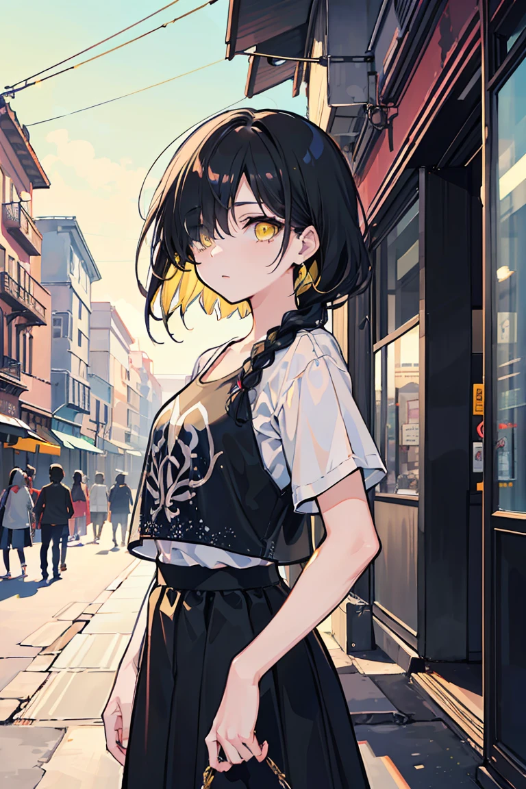 (1 girl), (((Hair on one eye))),Low exposure, Cowboy Shot, Punk Fashion,(super high quality), masterpiece, cute, Casual Scene, Relaxed atmosphere, She is wearing fashionable clothes, beautiful表情 , Warm sunshine, Street atmosphere, urban environment. Perfect body,Fresh, (Asymmetrical bangs:1.3), Braided hair, Highly detailed face and eyes, (Black Hair, Deep gradation yellow eyes:1.2),(Shining highlight eye), Digital Art, beautiful, Cinema Lighting, by Yusuke Murata.tonality, Romanticism, modern art, Impressionism, reflected light, 8k, masterpiece, Advanced Details, highest quality