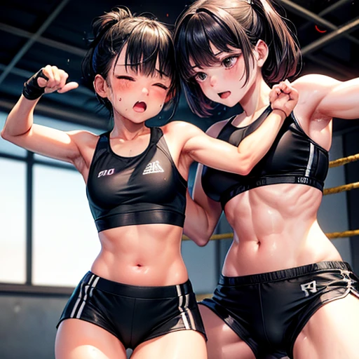 Drenched in sweat. she is competing in a mixed martial arts ring. She is being punched by her opponent girl. She is bending over with her eyes closed. Cute Japanese high school girl with short-cut black hair. She is out of breath with her mouth open, wearing a sports bra, high-leg shorts, and open finger gloves. Small breasts, poor belly, slender body, poor body.