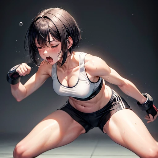 Drenched in sweat. she is competing in a mixed martial arts ring. She is being punched by her opponent girl. She is bending over with her eyes closed. Cute Japanese high school girl with short-cut black hair. She is out of breath with her mouth open, wearing a sports bra, high-leg shorts, and open finger gloves. Small breasts, poor belly, slender body, poor body.