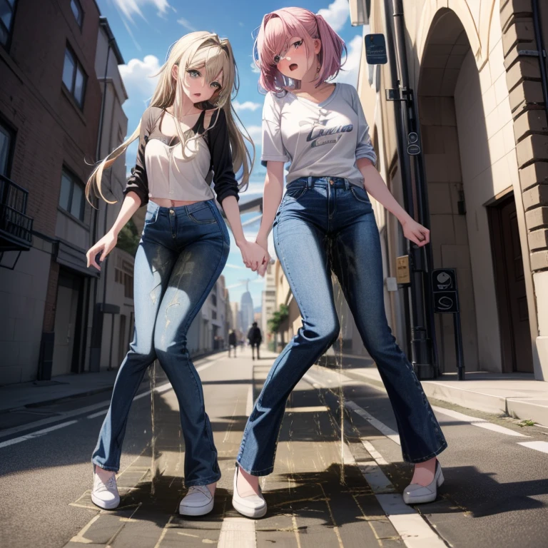 ultra high resolution, (dynamic angle, standing pose:1.2), outdoors, downtown, (legs focus, full body:1.3), (beautiful face, beautiful eyes, beautiful legs), not safe for work, (peeing self:1.7), wetting herself, (pee stain:1.5), peeing herself, (urination:1.5),
3girls, (trio), 20 year old, european, white skin, blue eyes, blush, scared, panicking, open mouth, looking at viewer, cleavage, hard nipples, (hands between legs:1.4), skinny, thin waist, (jeans pants, skinny jeans, flares jeans, blue jeans), (knees together feet apart:1.4)