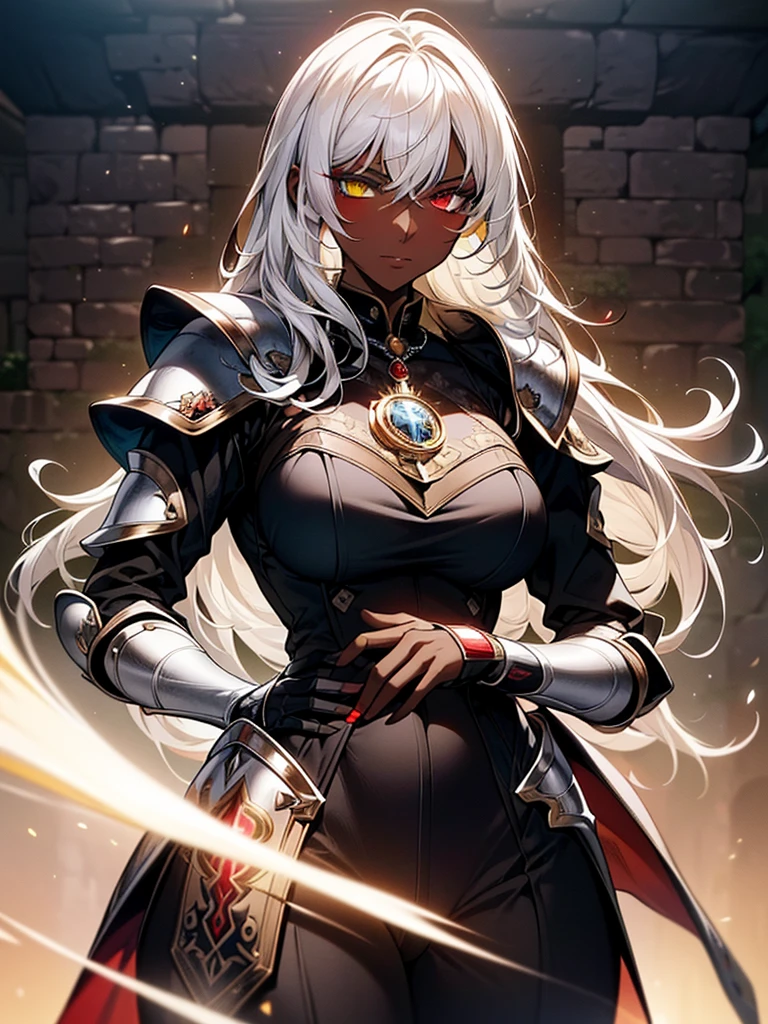 (masterpiece, best quality), (Official art, masterpiece, 8k, HD, ultra-detailed), ultra-detailed, portrait of a beautiful 32 year old woman, ((dark skin)), white hair, red and yellow eyes, with round glasses, wearing light black jumpsuit, with light armor, wearing a magic watch amulet around her neck, large, ultra-detailed breasts, (ultra-detailed face), (1 dark-skinned woman), long, white hair, ((((Heterochromia in eyes, ultra-detailed red eyes and detailed yellow eyes)))), (very detailed eyes: 1,2), (((ultra-detailed red and yellow eyes))), heterochromia with very well-detailed red and yellow eyes, ((wearing very detailed round glasses)), witch items, ((wearing magic watch amulet)), belts, ((black jumpsuit with light armor)), ultra detailed character, photo of the character up to the waist, wallpaper, pinterest, Fantasy Art, (Fantasy art), fantasy scene, exterior, ((medieval village)), wallpaper, pinterest, front photo, exterior, cinematic photo, natural light, portrait photo, wallpaper wall, pinterest, badass image, perfect photo, volumetric lighting
