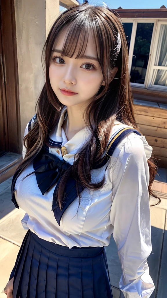 ((top-quality、8K、masterpiece:1.3))、1girl in、Beautiful woman Standing in the house:1.3、(long-haired、Colossal tits:1.4)、(sailor collared school uniform:1.5)、Super delicate face、Delicat eyes、double eyelid、Close-up of upper body from below, bloom, natural light