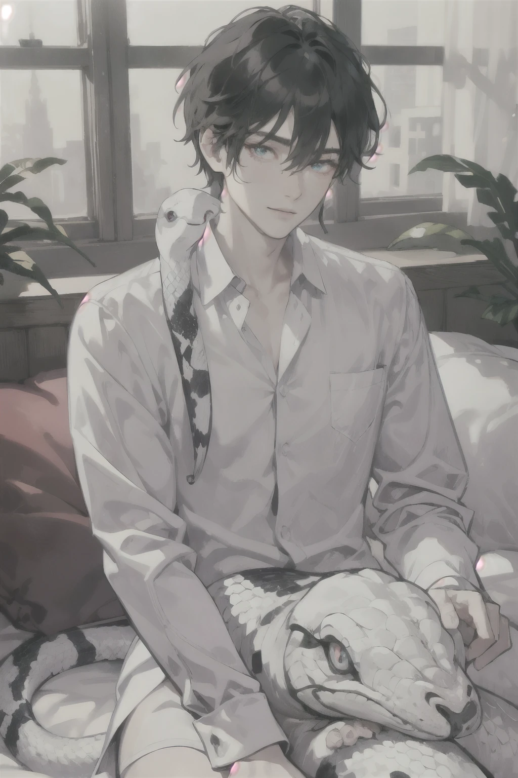 masterpiece, best quality, ultra detailed, (solo man), (male focus), ((Oblong face)), ((Square jawline)), black hair, ((hairs between eyes)), ((shoulder length)), ((narrow blue eye)), fair skin, skinny body, beauty mark, {uniform, outfit, clothes}, dress shirt, (Giving an insincere smile:0.7), snfw, (entangled a big albino snake), spread legs on bed, (completely nude:1.3), frontface