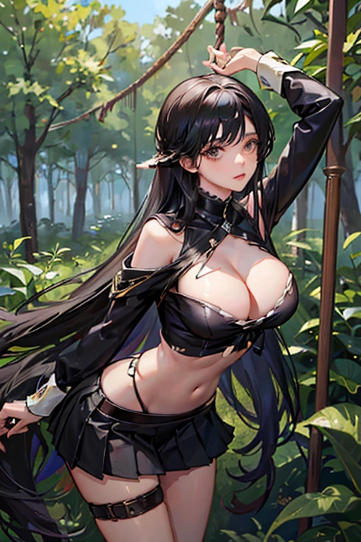 25 year old human girl with Mediterranean features, very long black hair, has super gigantic breasts, slim body, torn blouse that cannot contain her breasts, black pleated miniskirt, has a slave's neck, each breast is tied with ropes, his arms are on poles at his sides, in a forest he has a proud look