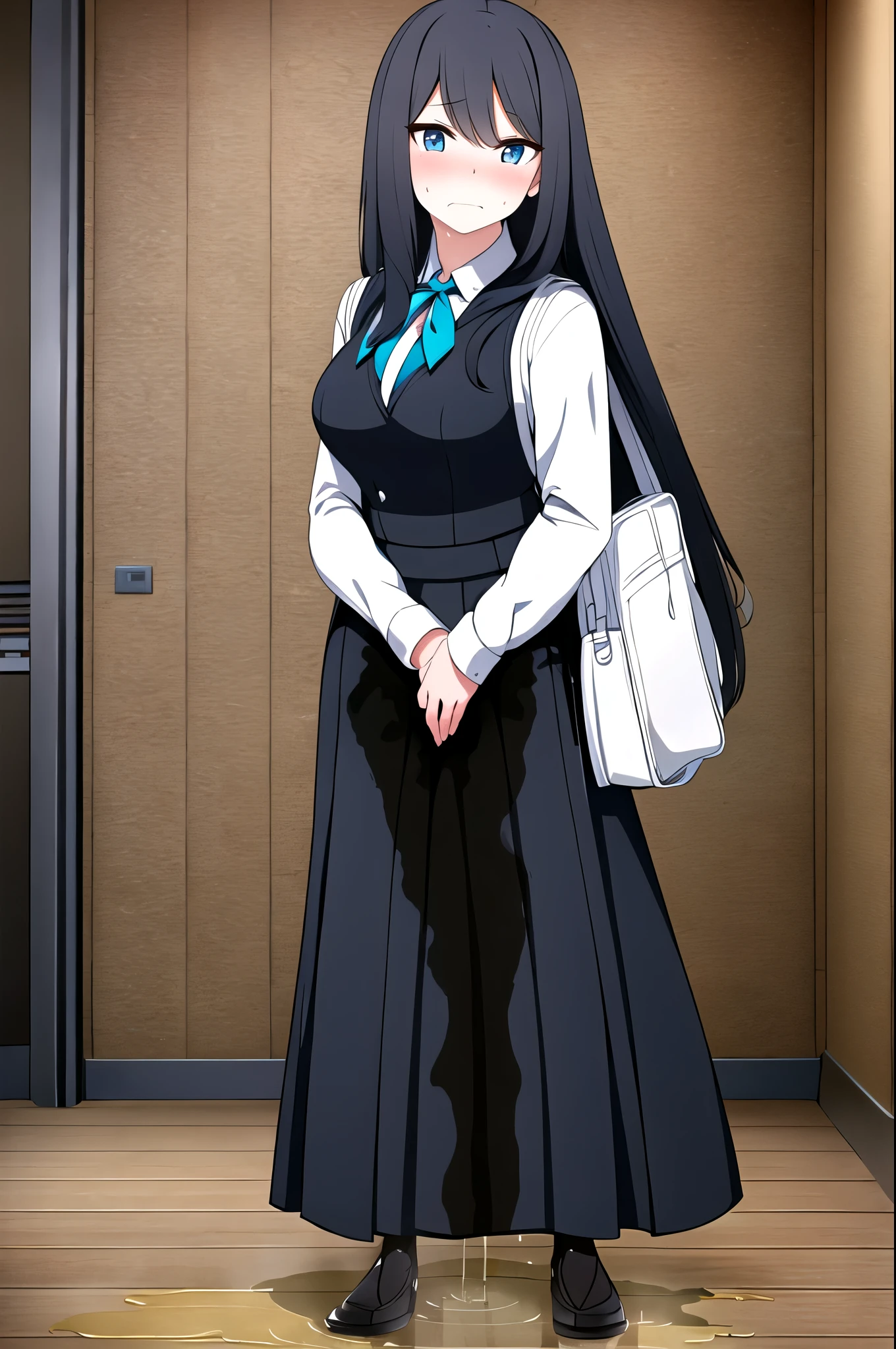 A woman with very long black hair, (very long hair:1.25) and (long bangs:1.5), wearing a stylish long dress, standing. The artwork is inspired by manga and incorporates a doujin style. The woman appears to be (wetting herself:1.5), which causes her to feel embarrassed and humiliated, resulting in a blush on her face. In addition, there is an air of anger in her expression. The lighting in the scene is moody, with a spotlight highlighting the woman's figure, Her arms are crossed (crossing arms:1.5), showcasing a very large pee stain that covers almost the entire front of her dress., large breasts, skinny