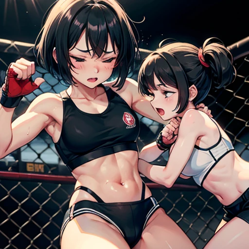 She is drenched in sweat and is in a mixed martial arts ring against a female fighter. Her body is slammed to the ground. She is bent over with her eyes closed. A cute Japanese high school girl with short-cut black hair. She is wearing a sports bra, high-leg shorts, and open-finger gloves. Small breasts, poor belly, slender body, poor body.