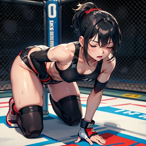 She is drenched in sweat and is in a mixed martial arts ring against a female fighter. Her body is slammed to the ground. She is bent over with her eyes closed. A cute Japanese high school girl with short-cut black hair. She is wearing a sports bra, high-leg shorts, and open-finger gloves. Small breasts, poor belly, slender body, poor body.