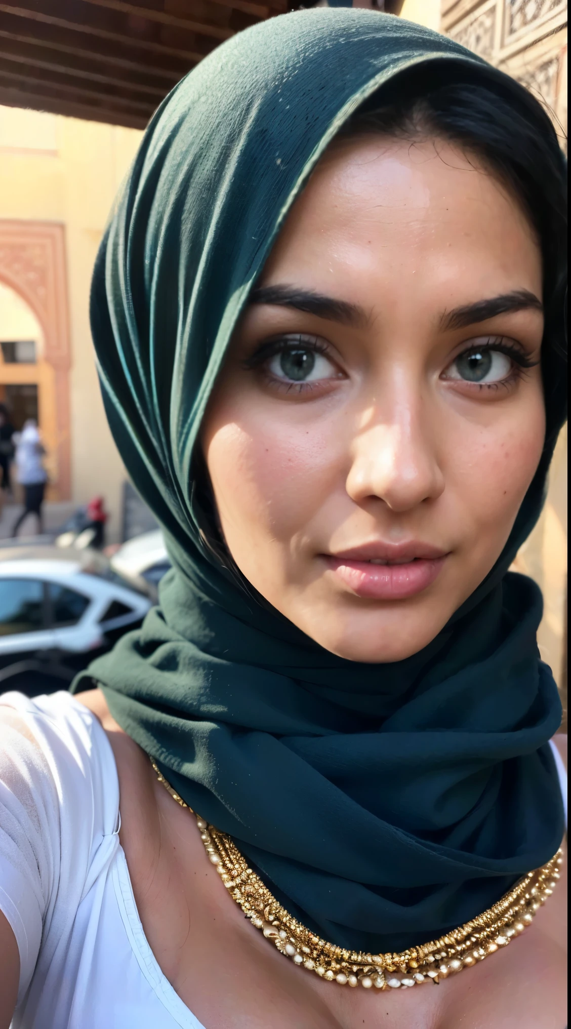 Moroccan Instagram girl, Brunnete, (Traditional respectful covered dress), (very loose head scarf showing curly hair), (Morrocan souk environment), masterpiece, best quality, highly detailed, (Beautiful and detailed eyes beautiful and detailed face), (Best Quality), (ultra-detailed), (masterpiece), (high resolution), (Original), ultra-realistic, epic realism.