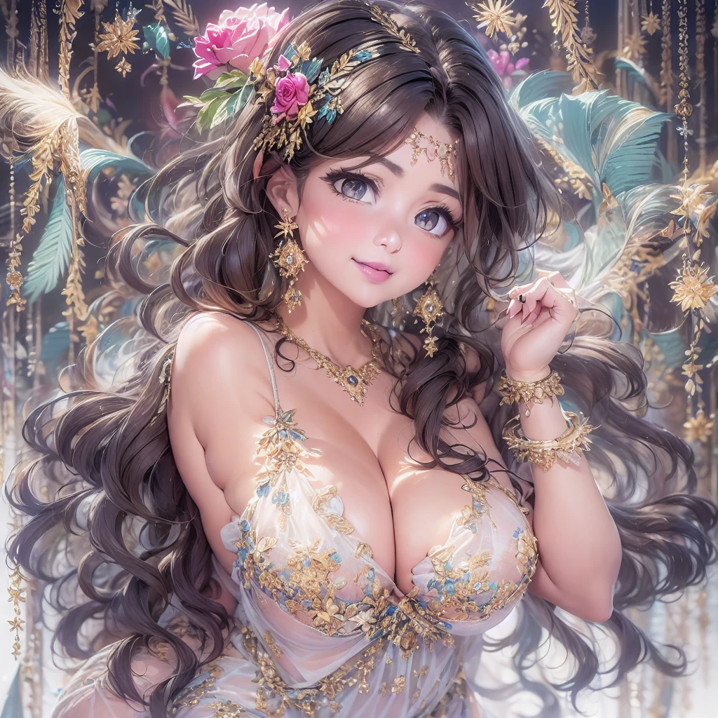 50 year old mature woman, Looking at the audience, Attractive breasts,Sensual curves、bubble、Full Body Shot,Nightgown, Charming smile, Thick lips, plump唇, blush, Looking at the audience, Provocative expression, Beautiful Hairstyles, Cleavage, plump、Curvy Hips、Attractive face、Mischievous face、Sexy Lingerie、An inviting gaze、Expressing emotions、colored feather, Money属装飾品, particle, Light, (masterpiece, highest quality, highest quality, Official Art, beautifully、aesthetic:1.2), (1 girl:1.3), Very detailed,(Fractal Art:1.1),(colorful:1.1)(flowerズ:1.3),Most detailed, (Dynamic pose), (Shiny skin), (Many colors :1.4), ,(Earrings:1.4), (feather:1.4),masterpiece, 30~40 years, Mr.々Hair style,Moneyのヘッドバンド,Tulle covers the chest,Perfect balance, Detailed details of the garment,marble,cinematicLighting, Film Grain, contrast of Light and dark,High detail,(((Gorgeous Accessories))))、Openwork decoration,(((See-through dress)))、(((Anatomically correct body))) ,1 girl, (High resolution), (8k), (Very detailed), Perfect Face, Beautiful eyes and face, (((highest quality))), (Very detailed), Detailed face and eyes, Beautiful Eyes,(((Sexy pose,Beautiful Eyes、Transparent double eyelids、(((Super gorgeous background)))、Bright Eyes,Money,diamond,gem,Body Chain,Luxury Accessories,beautifully、aesthetic,flower、(((Super gorgeous background)))、Bright Eyes