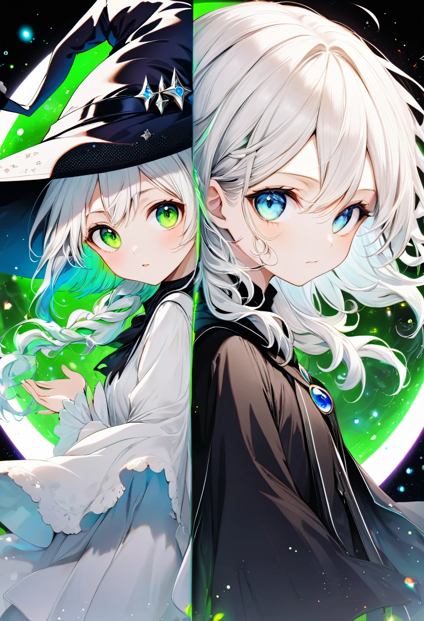 best quality, super fine, 16k, incredibly absurdres, extremely detailed, delicate and dynamic, (left half, overbearing cool and beautiful pretty red witch, white hair, blue eyes), (right half, innocent cute black witch, ivory short messy wavy hair, green eyes), the two are rivals, various image effect, background huge iridescent magic circle behind him, inverse proportion, brilliant, monochrome