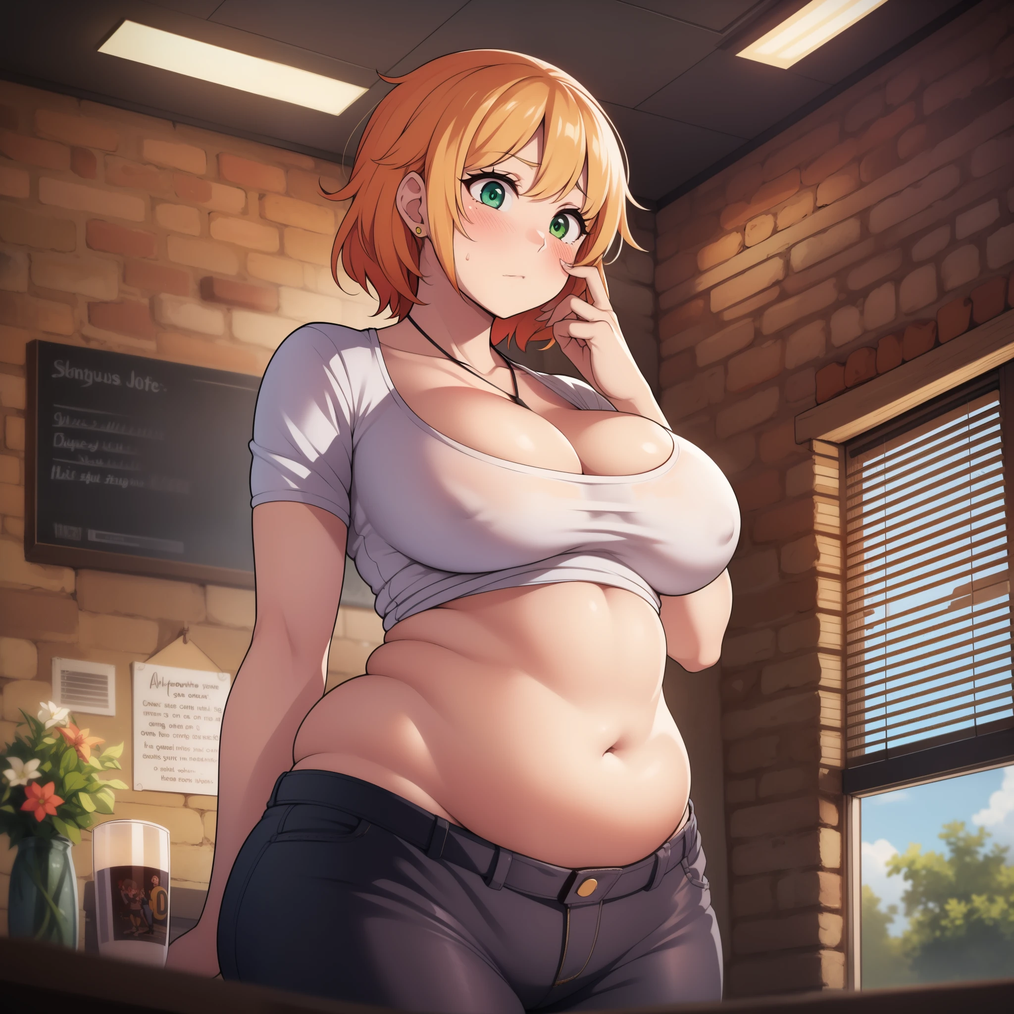 ((highres)), Masterpiece, high quality, best quality, beautiful, perfect lighting, detailed face, ultra cute face, ((blush)), (((1girl))), ((solo)), fluffy short orange hair, green eyes, crop top and shorts, skindentation, full body, fast food restaurant, cleavage, medium breasts, ((wide hips)), ((thick thighs)), ((plump)), chubby belly, fat folds, belly hang, standing,