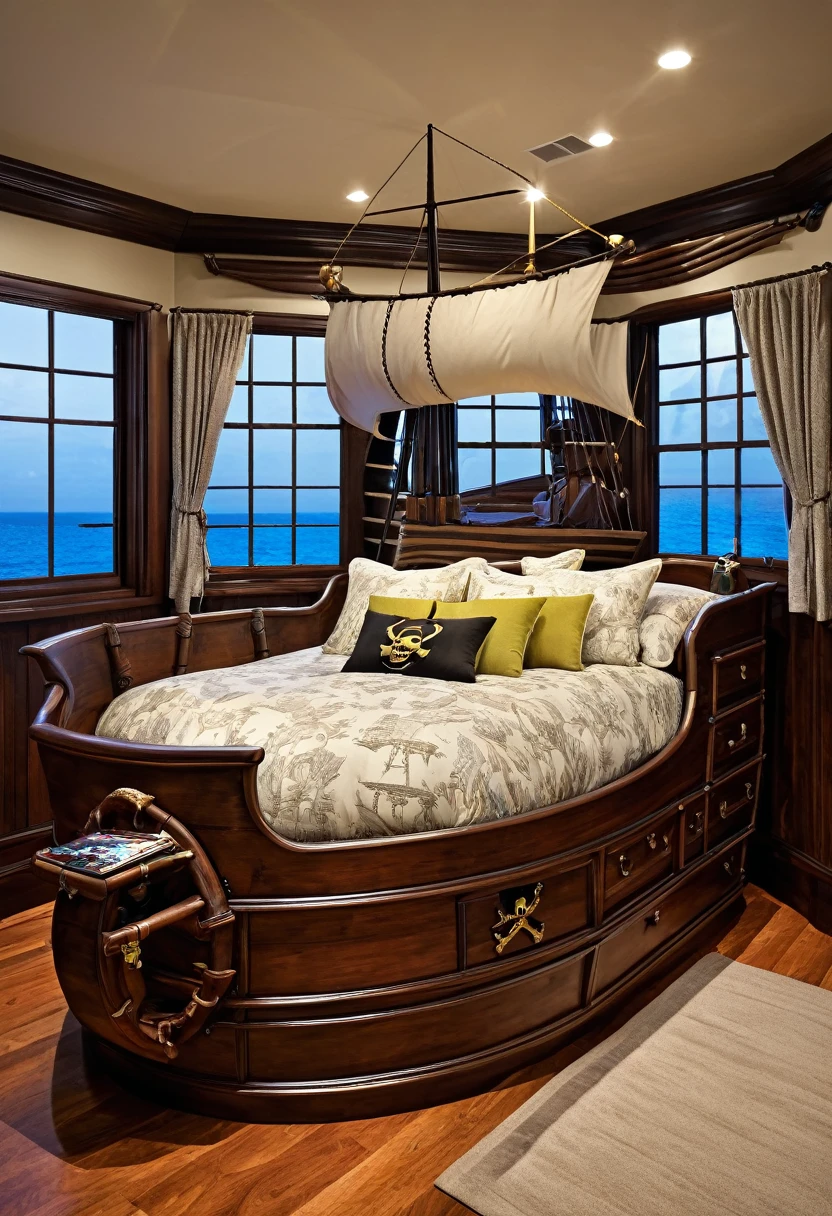 A photo realistic bed for adults in the shape of a pirate ship in an upscale bedroom with a window.