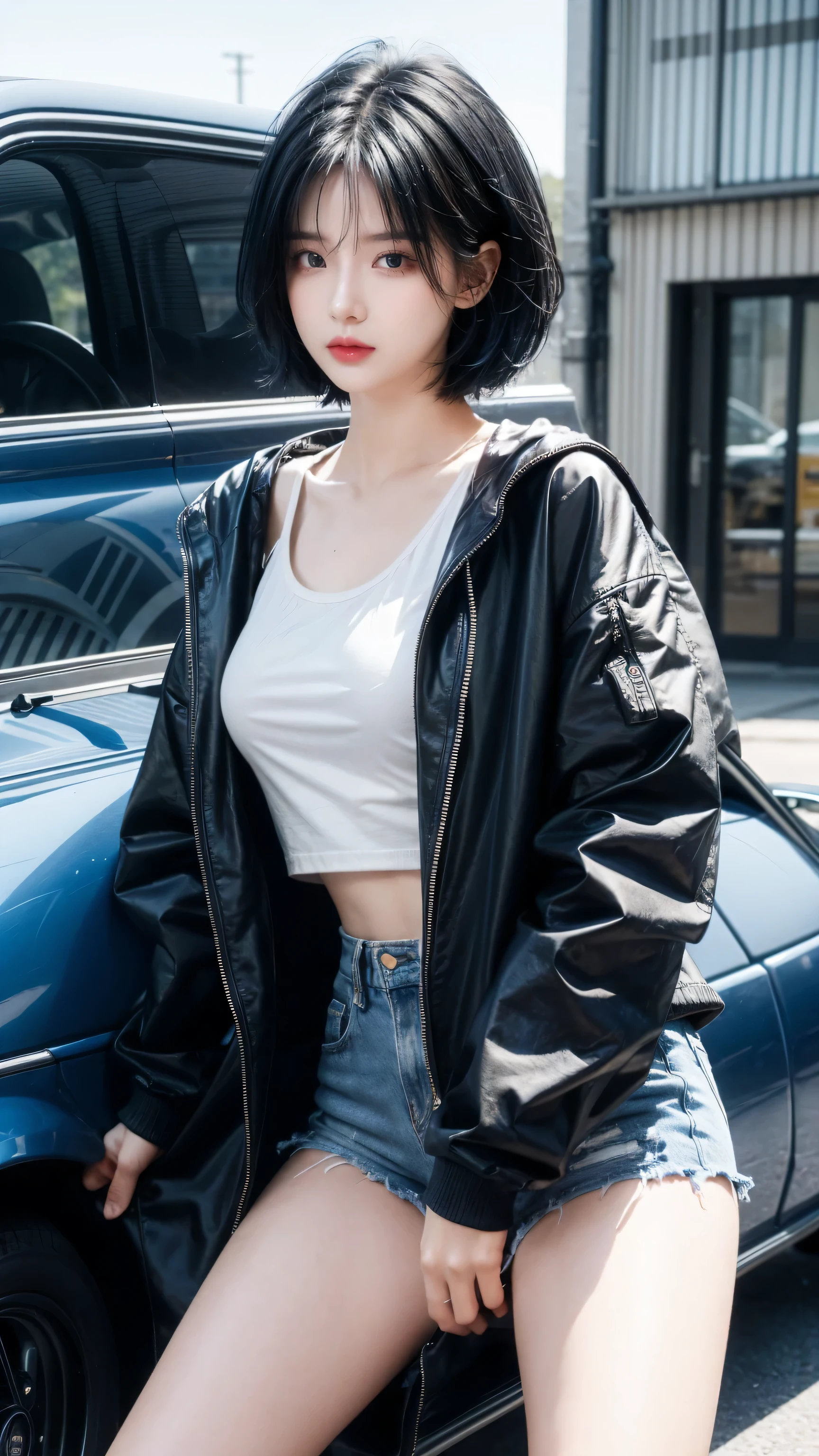 best quality, 1 Girl, dark blue hair, black eyes, Very short hair, Spiky hair, oversize t-shirt, jacket, High waist short, 171 cm, Messy hair, Hair between the eyes, Medium breasts, full, Tomboy, aldult, 20 years old, 1 Girl near classic car
