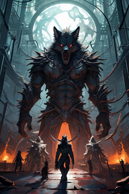 A painting of a really confused wolf with a bloody face and head, carnificina, Sci - Horror Art of Fiction, science fiction horror art, inspirado em Aleksi Briclot, Crocs de carnificina, arte de fantasia de terror, por Aleksi Briclot, arte conceitual de terror, veneno, Art fantastique et horreur, Detailed 4K horror illustration, demonic creature, arte de terror fantasia sombria cheia de magia negra