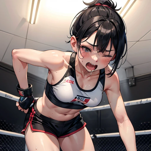 Sweaty and bruised, she is in a mixed martial arts ring against a female fighter. Her body is slammed to the ground. She is bent over with one eye closed. She is gasping for breath and drooling with her mouth open. She is a cute Japanese high school girl with short-cut black hair. She is wearing a sports bra, high-leg shorts, and open-finger gloves. Small breasts, poor belly, slender body, poor body.