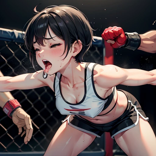 Sweaty and bruised, she is in a mixed martial arts ring against a female fighter. Her body is slammed to the ground. She is  with one eye closed. She is gasping for breath and drooling with her mouth open. She is a cute Japanese high school girl with short-cut black hair. She is wearing a sports bra, high-leg shorts, and open-finger gloves. Small , poor belly, slender body, poor body.