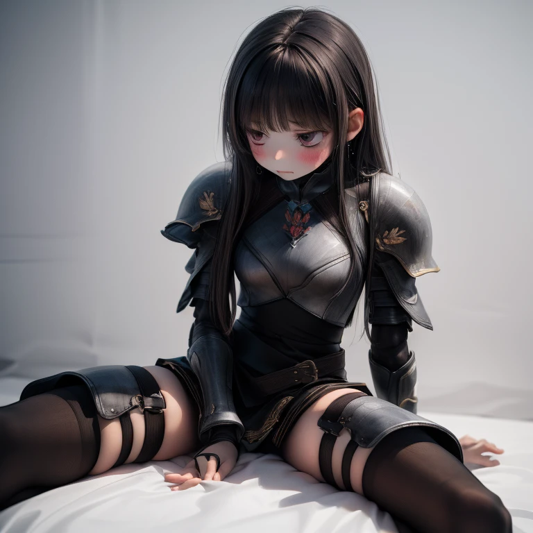 ( front, portrait , girl, flustered face, sitting on sheets , spreading legs, relax, ), (looking away downward:1.5 ), fantasy heavy armor, ( absurdres, ultra HD, 8k wallpaper, cinematic lighting, ), extremely closeup, 