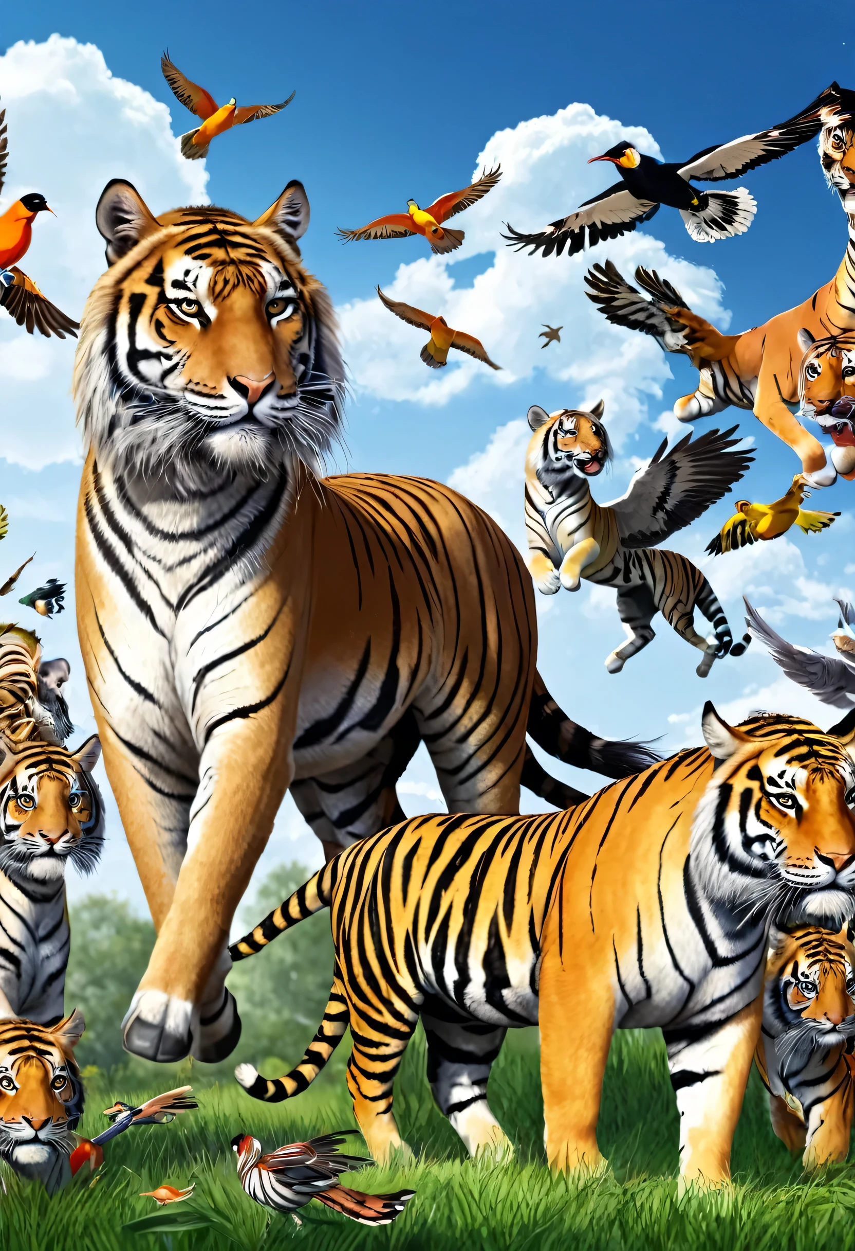 Animation of a combination of horses, tigers, tigers and birds