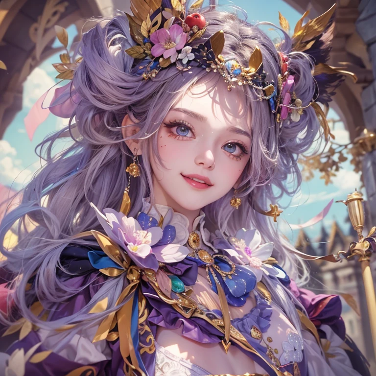 Hiding in the castle、Hair flow、 ((highest quality、masterpiece、8k、Best image quality、Ultra-high resolution、Award-winning works)、(Accurate anatomy:1.1)、(Look at me and smile:1.1)、Shining fair skin with Ultra-high resolution、The most detailed face、Ultra-high resolution detailed face、Ultra-high resolutionの髪の毛、(Ultra-high resolutionの煌めく瞳:1.1)、Beautiful face drawn in every detail、Cheerful clown costume, Chest to chest, Colorful Makeup、Masquerade and masks