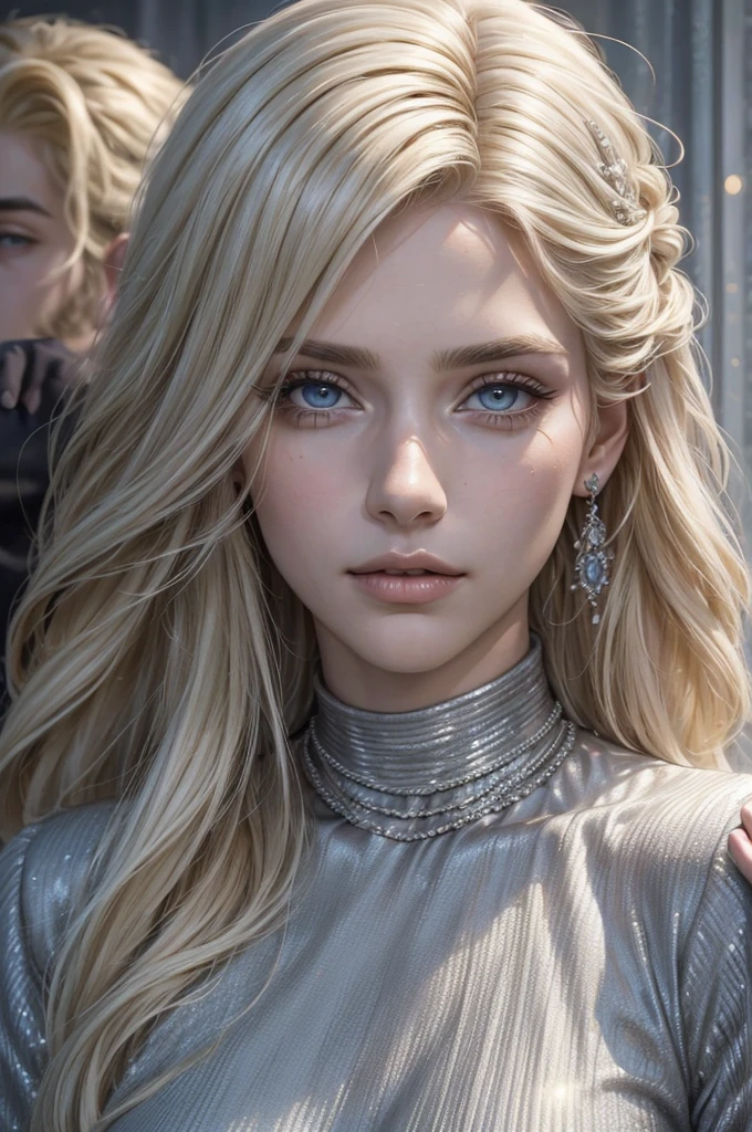 A tall, handsome, courageous, athletic young man, long-haired, platinum blonde with blue eyes, tanned skin, he has long straight platinum hair, he is dressed in an expensive branded suit. Next to him is an incredibly beautiful young fateful golden-haired blonde with blue eyes, she has a beautiful dress. They are in love with each other. Masterpiece, detailed study of the face, beautiful face, beautiful facial features, perfect image, realistic shots, detailed study of faces, full-length image, 8k, detailed image, extremely detailed illustration, a real masterpiece of the highest quality, with careful drawing.