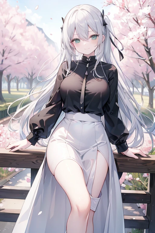 silver hair, long hair, wearing a plain black shirt, long skirt, cherry trees in the background, absurdres, high resolution, ultrasharp, 8K, masterpiece, adult, green eyes, breasts, smile