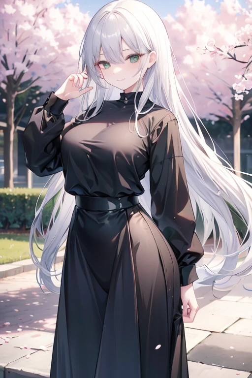 silver hair, long hair, wearing a plain black shirt, long skirt, cherry trees in the background, absurdres, high resolution, ultrasharp, 8K, masterpiece, adult, green eyes, breasts, smile