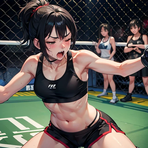 Sweaty and bruised, she is in a mixed martial arts ring against a female fighter. Her body is slammed to the ground. She is bent over with one eye closed. She is gasping for breath and drooling with her mouth open. She is a cute Japanese high school girl with short-cut black hair. She is wearing a sports bra, high-leg shorts, and open-finger gloves. Small breasts, poor belly, slender body, poor body.