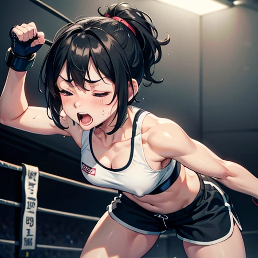 Sweaty and bruised, she is in a mixed martial arts ring against a female fighter. Her body is slammed to the ground. She is bent over with one eye closed. She is gasping for breath and drooling with her mouth open. She is a cute Japanese high school girl with short-cut black hair. She is wearing a sports bra, high-leg shorts, and open-finger gloves. Small breasts, poor belly, slender body, poor body.
