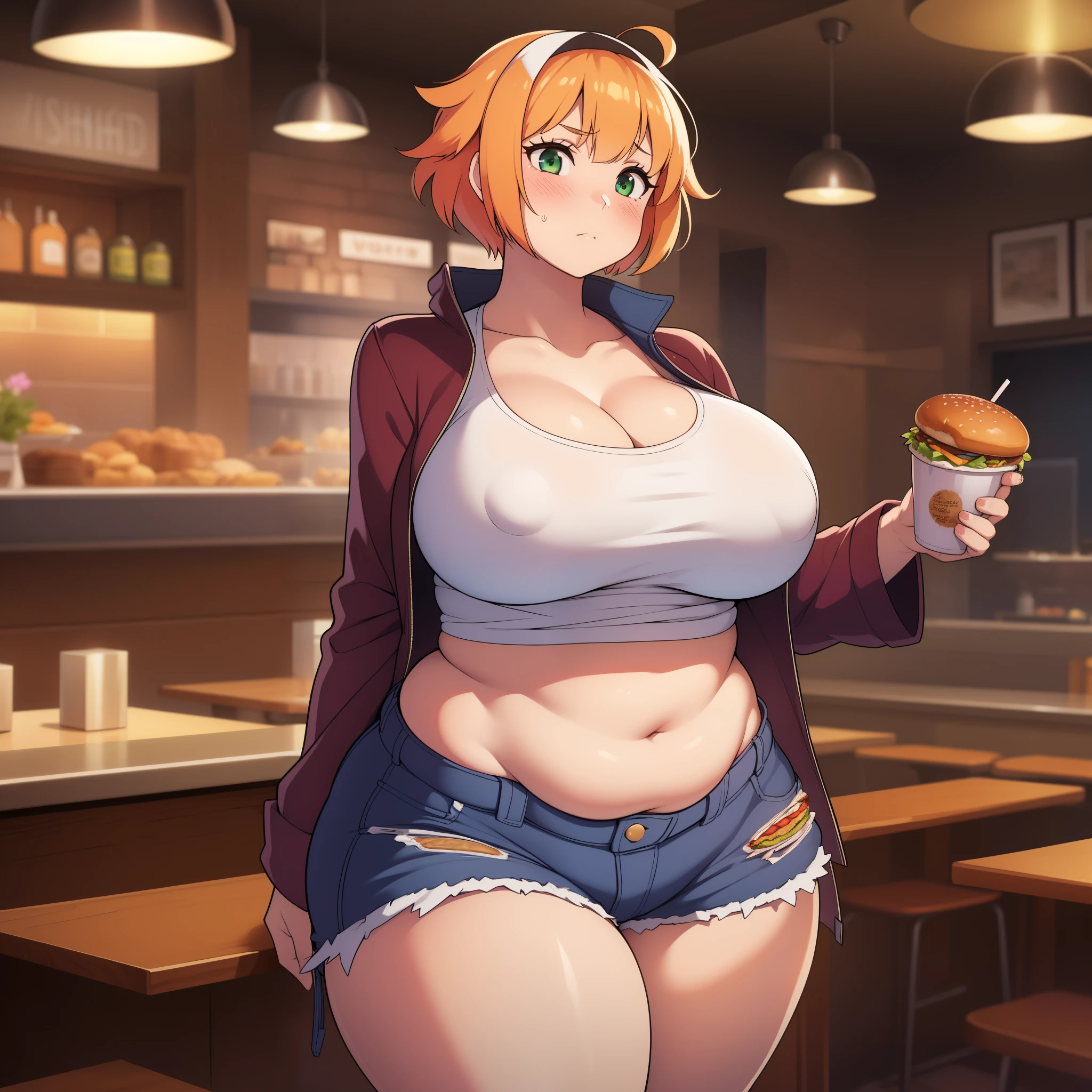 ((highres)), Masterpiece, high quality, best quality, beautiful, perfect lighting, detailed face, ultra cute face, ((blush)), (((1girl))), ((solo)), fluffy short orange hair, green eyes, crop top and shorts, skindentation, full body, fast food restaurant, cleavage, medium breasts, ((wide hips)), ((thick thighs)), ((plump)), chubby belly, fat folds, belly hang, standing, 