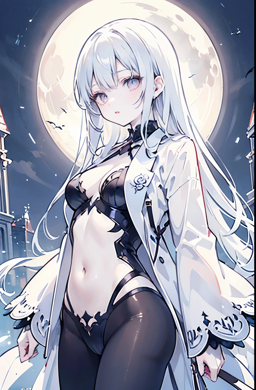 masterpiece, best quality, (Solitary focus), (Perfect face:1.1), (High Detail:1.1),dramatic, 1 person, (Pale skin), Long white hair, White eyes, Solitary, Long hair, moon, night, White luxury suit, vampire, cover navel, Pursed lips, cover, Victoria City, Detailed background, Gothic Revival, light,