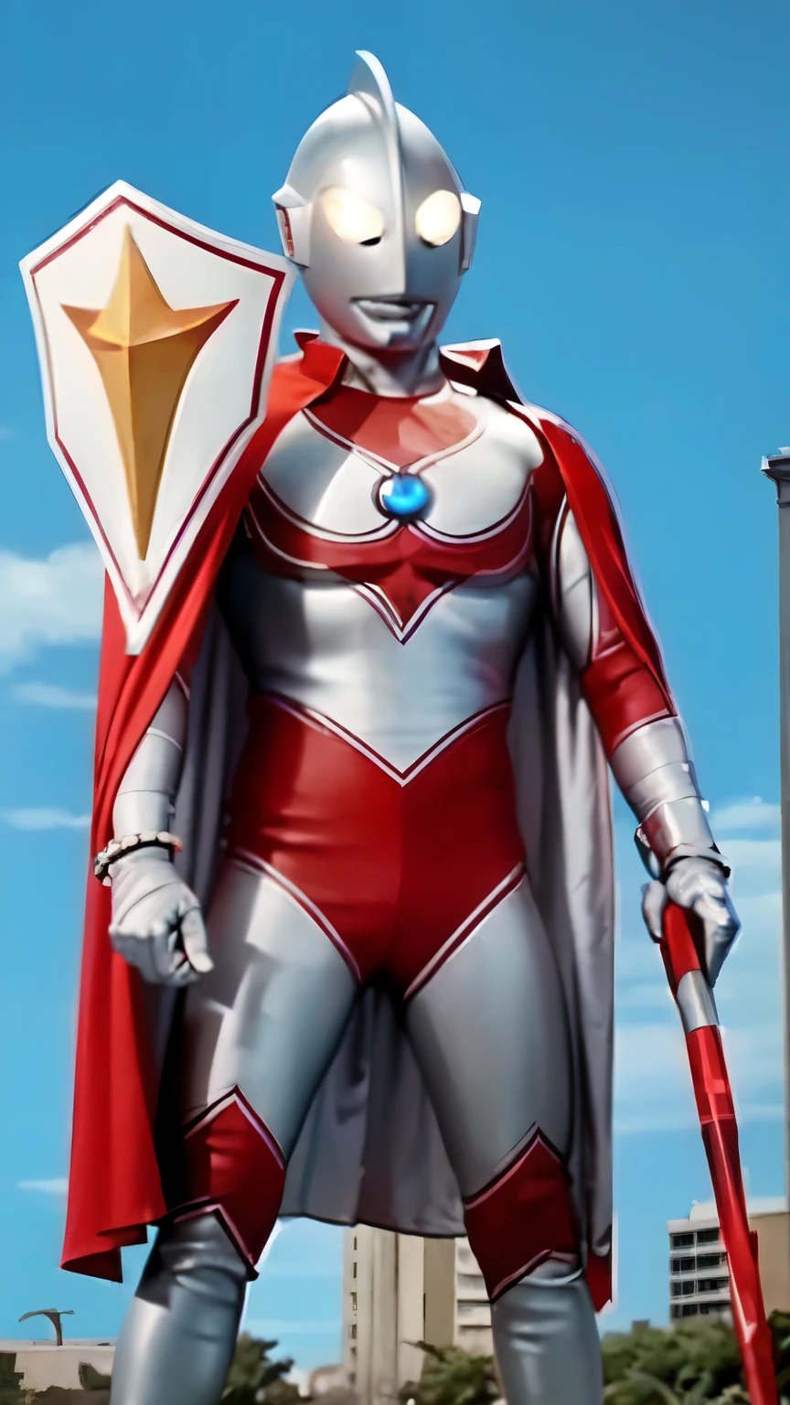 (masterpiece, best quality:1.3),extremely high detailed,intricate,8k,HDR,wallpaper,cowboy shot, jakarta, monas,fire,ruins,solo,ultraman ace,no humans,giant,bodysuit,bracelet,standing,holding weapon,((shield)),(red cape),