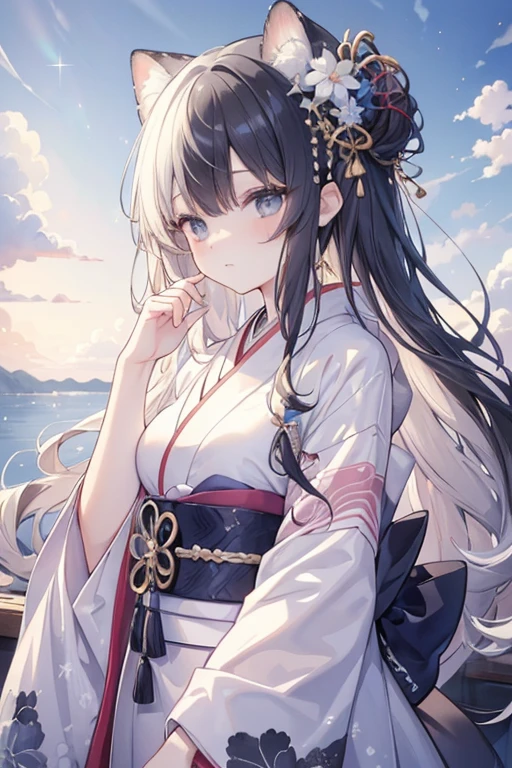 (masterpiece、top-quality、top-quality、watercolor paiting(Curly)、Official art、Beautifully Aesthetic:1.2)、(1girl in:1.3)、(Fractal animal Art:1.3)、((Kimono))、The upper part of the body、From Side、looking at the viewers、patterns、(Half gray and half black hair:1.2)、Eau、liquids、clouds、colourfull、starrysky、stele、beautiful blue shining clear eyes like crystal, blonde hair