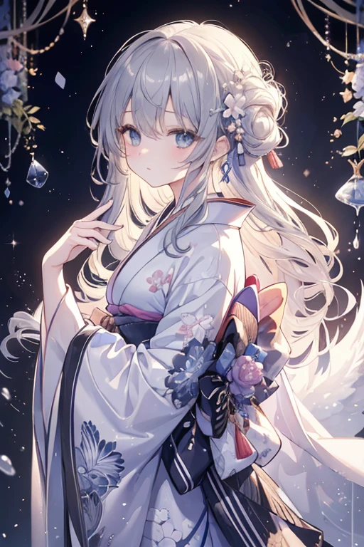(masterpiece、top-quality、top-quality、watercolor paiting(Curly)、Official art、Beautifully Aesthetic:1.2)、(1girl in:1.3)、(Fractal animal Art:1.3)、((Kimono))、The upper part of the body、From Side、looking at the viewers、patterns、(Half gray and half black hair:1.2)、Eau、liquids、clouds、colourfull、starrysky、stele、beautiful blue shining clear eyes like crystal, blonde hair