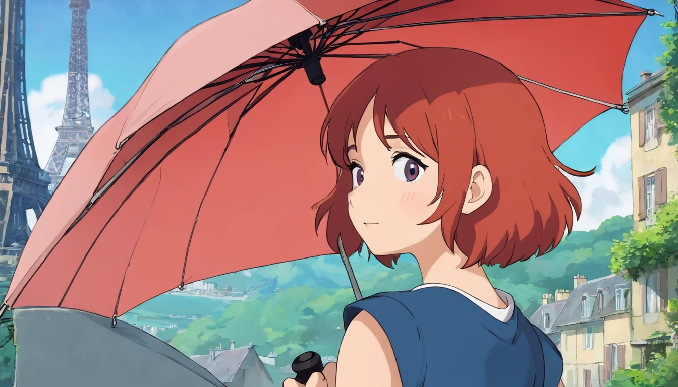 A detailed illustration of a girl seen from behind, virando-se ligeiramente para olhar por cima do ombro. She is holding an elegant umbrella. The girl wears a beret-style hat,conferindo um ar sexy. Ao fundo, the iconic Eiffel Tower is visible, destacando-se no horizonte parisiense, she is a redheaded girl with few freckles,