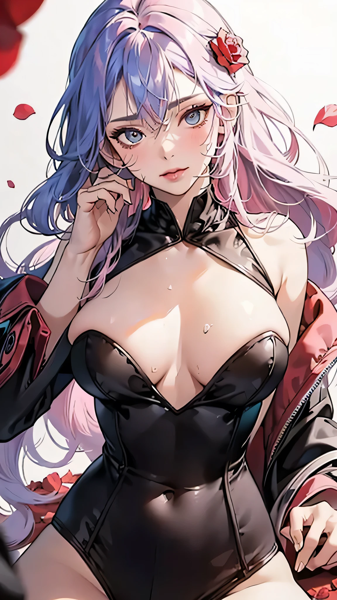 Very detailed, Seductive erotic woman sweating, Breasts covered in rose petals, (Big Breasts, pink/Blue Hair), Focus on the face, Focus on the face, Complex eyes,