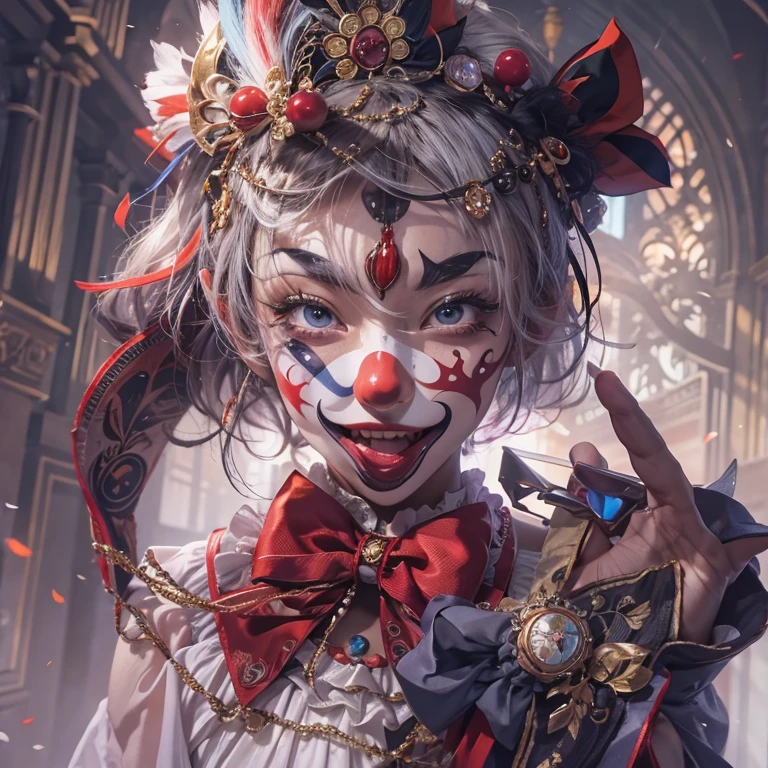 Hiding in the castle、Hair flow、 ((highest quality、masterpiece、8k、Best image quality、Ultra-high resolution、Award-winning works)、(Accurate anatomy:1.1)、(Look at me and smile:1.1)、Shining fair skin with Ultra-high resolution、The most detailed face、Ultra-high resolution detailed face、Ultra-high resolutionの髪の毛、(Ultra-high resolutionの煌めく瞳:1.1)、Beautiful face drawn in every detail、(Blurred Background:1.1)、Cheerful clown costume, Chest to chest, tattoo,、Clown Makeup、Holding a masquerade mask