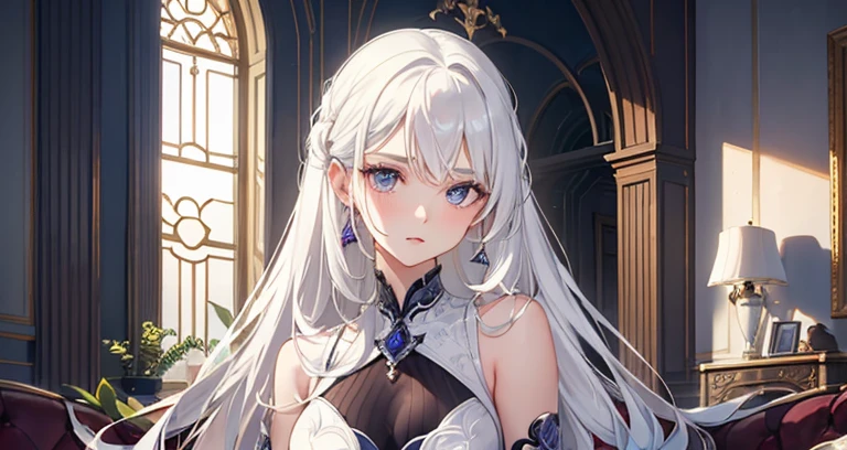 High-definition quality,A tall beauty,White hair,Waist-length hair,Exquisite facial features,Gentle eyes,Purple pupils,Cute face,White Dress,Cute with a touch of charm,Sitting on the sofa,Holding a mobile phone,Beautiful legs,White high heels,Crossing your legs,Full body photo,Look ahead,Sunlight shining through the windows,Two male bodyguards standing behind the sofa,