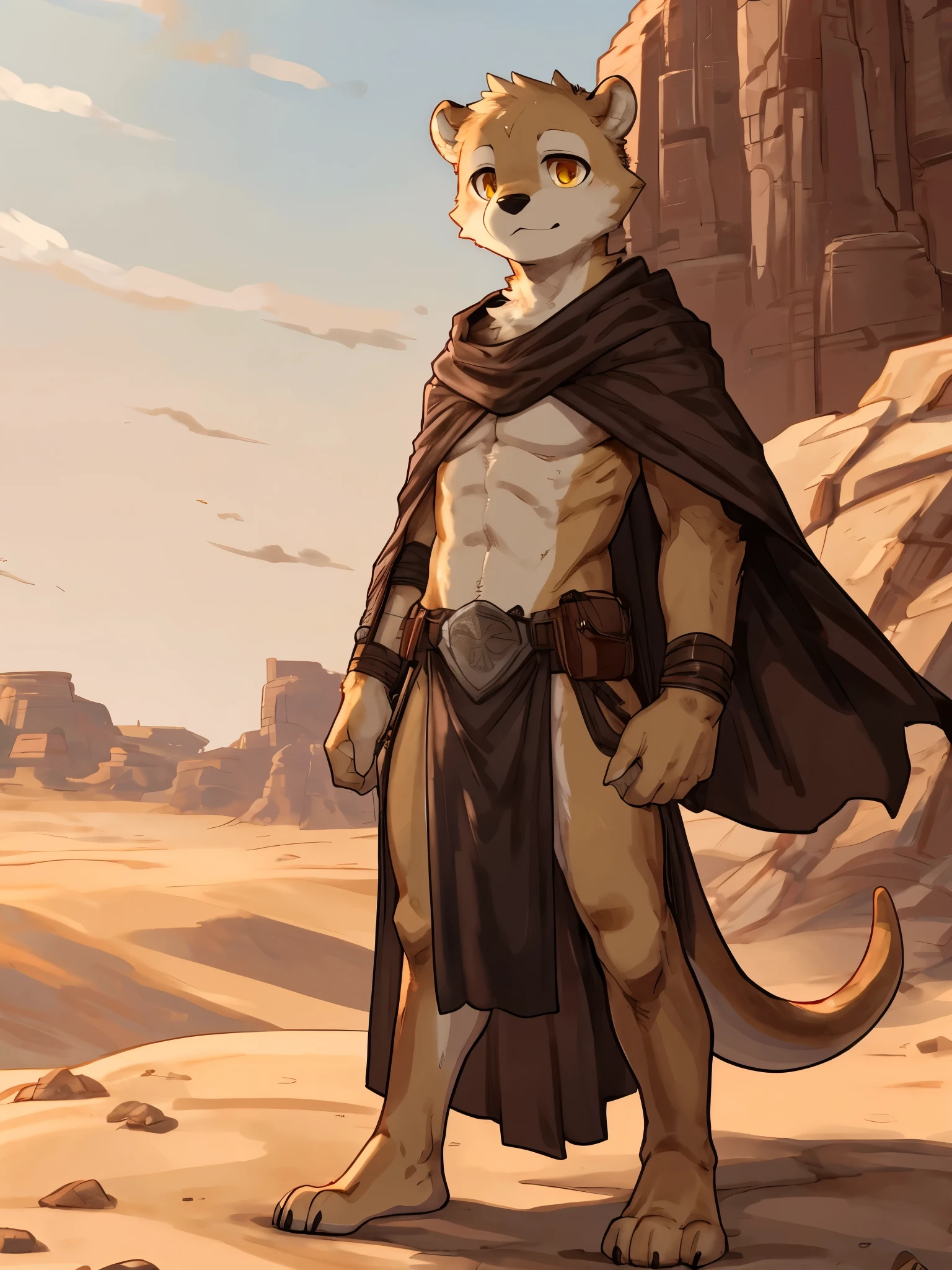 (best quality, best shading, best anatomy, masterpiece, detailed anatomy), by Buta99, by SpiritD, 1Male, Otter, tail, young body, light yellow furs body, skinny body, yellow eyes, brown cloak, loincloth, in the desert