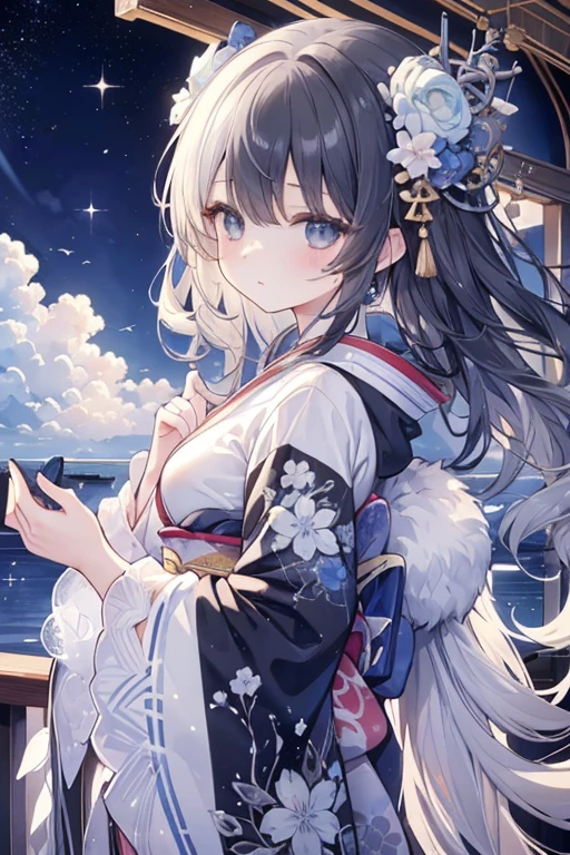 (masterpiece、top-quality、top-quality、watercolor paiting(Curly)、Official art、Beautifully Aesthetic:1.2)、(1girl in:1.3)、(Fractal animal Art:1.3)、((Kimono))、The upper part of the body、From Side、looking at the viewers、patterns、(Half gray and half black hair:1.2)、Eau、liquids、clouds、colourfull、starrysky、stele、beautiful blue shining clear eyes like crystal, blonde hair