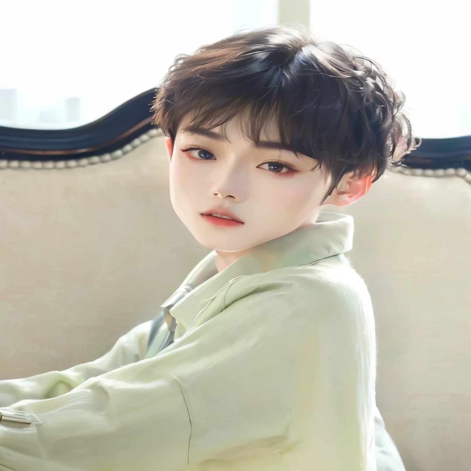 there is a joven sitting on a couch with a remote, jaeyeon nam, yanjun chengt, young pale angel, jinyoung shin, pale korean adorable face, kim doyoung, kim taejin, chico mono, cai xukun, Hwang se - es, joven y adorable rostro coreano, joven, hyung tae, chico cara delgada, con cara linda - fina