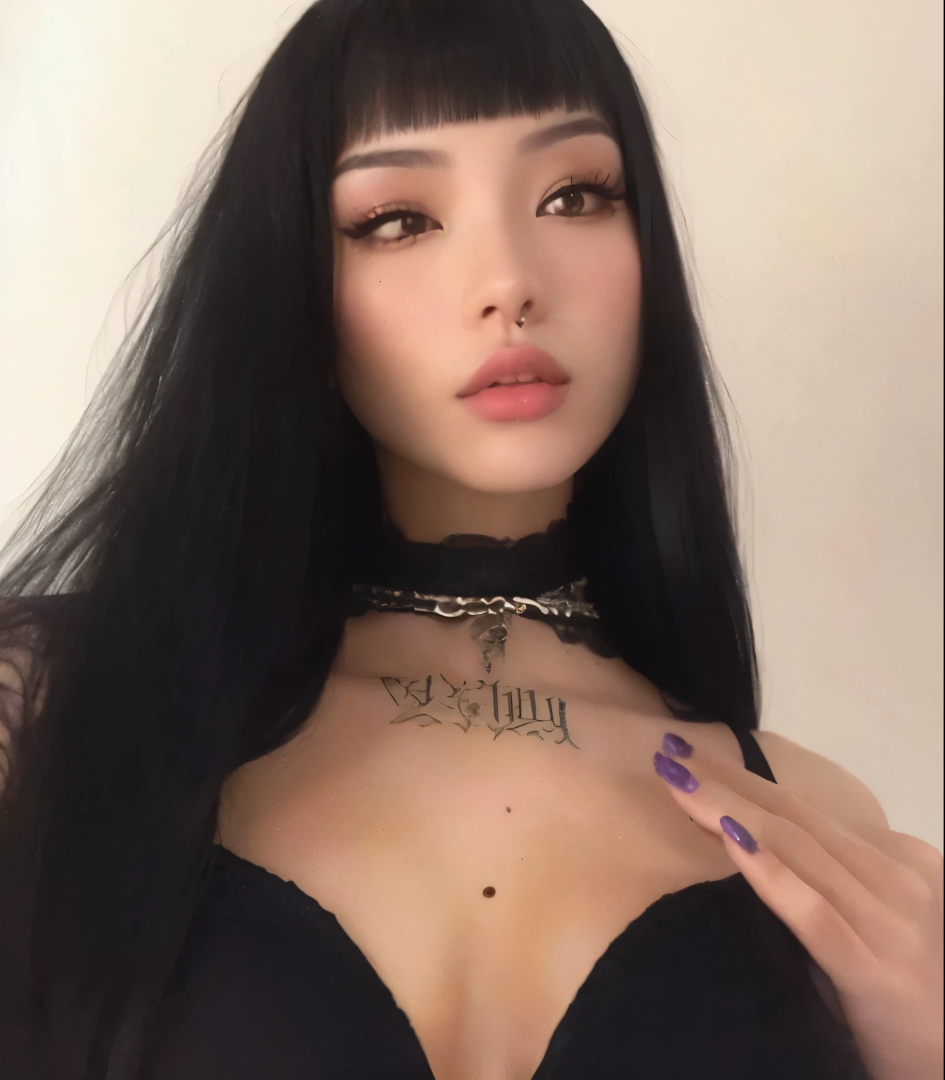 um close de uma mulher com longos cabelos pretos e um estrangulamento, ela tem cabelo preto com franja, 18 anos de idade, franja preta, cabelo preto com franja, cabelo preto longo com franja,  Asian, Bella Poarca, goth girl aesthetic, 1 6 anos, cruel korean goth girl, usando gargantilha preta, corte de cabelo preto hime, basia tran