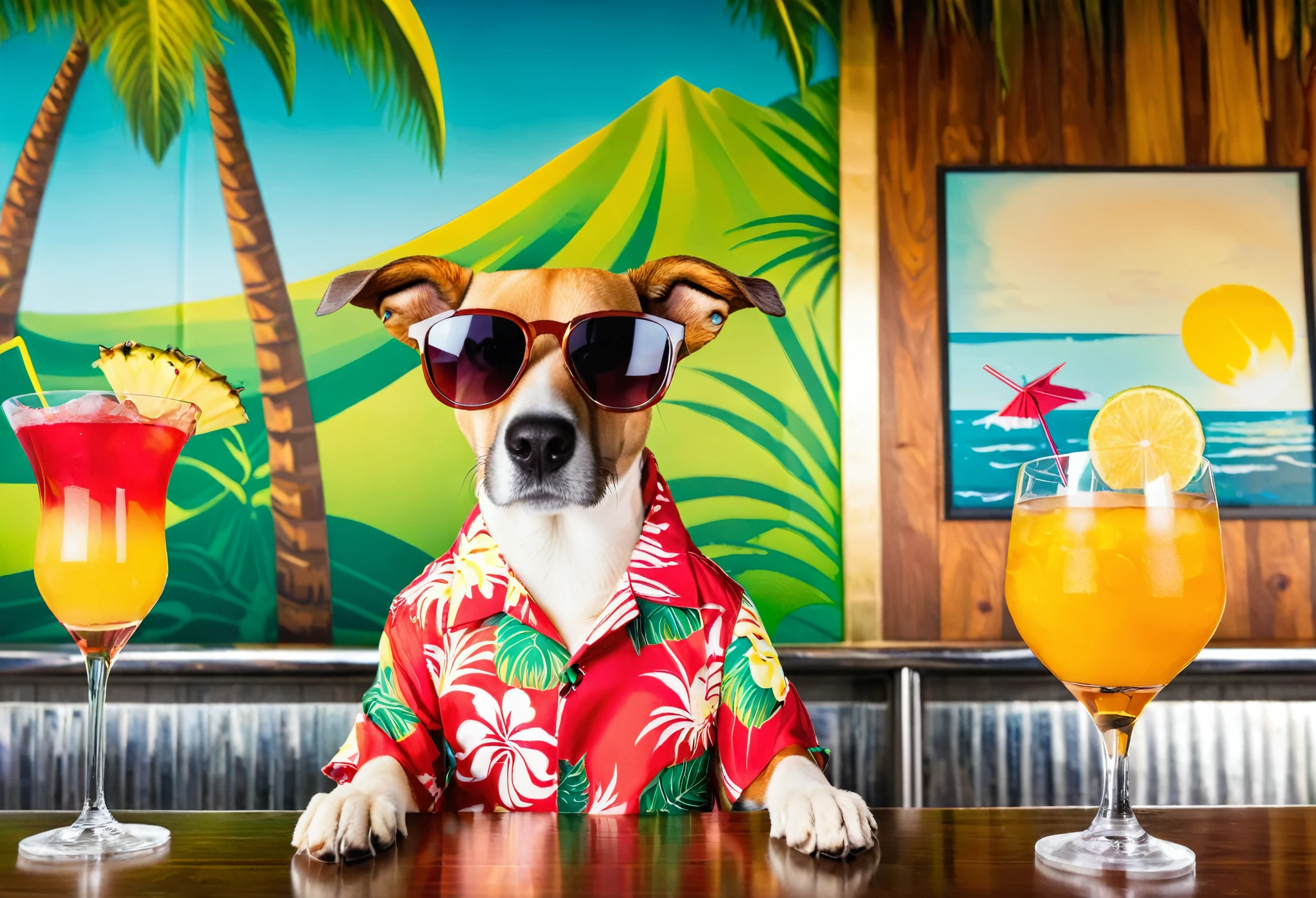 (funny dog:1.1,sunglasses:1.1,Hawaiian shirt:1.1)behind the bar,next to a cocktail,on the background of palm trees,portrait,illustration,ultra-detailed,realistic,vivid colors,warm color tones,studio lighting