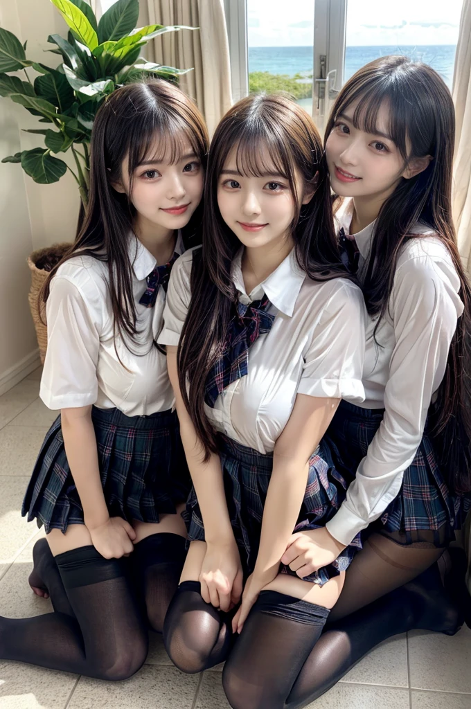 (Highschool girls inside suite room:1.4, 17 years old, cute faces:1.5, triangular face, sitting on gorgeous bed), looking at viewer, ((embarrassed:1.3, smile:1.1)), shy smile, open mouth, silky skins, natural makeup, glossy lips, group shot, (sexual suggestive:0.7), (identical school uniform:1.5, white shirt open chest, see through , both hand on breast:1.24), (naked :0.2), (3 girls:1, perfect style, full body), ((slender body)), (pleated plaid skirt, show panties), (raw photo:1.4),(( legs wide open, ribbons, pantyhose:1.2)), (gentle light, 16k wallpaper, raw photo, idol), BIBE, (wide window with ocean scenery, expensive furniture:1.3, sheets on floor:1.4, flowers in planter), (very huge round breasts)