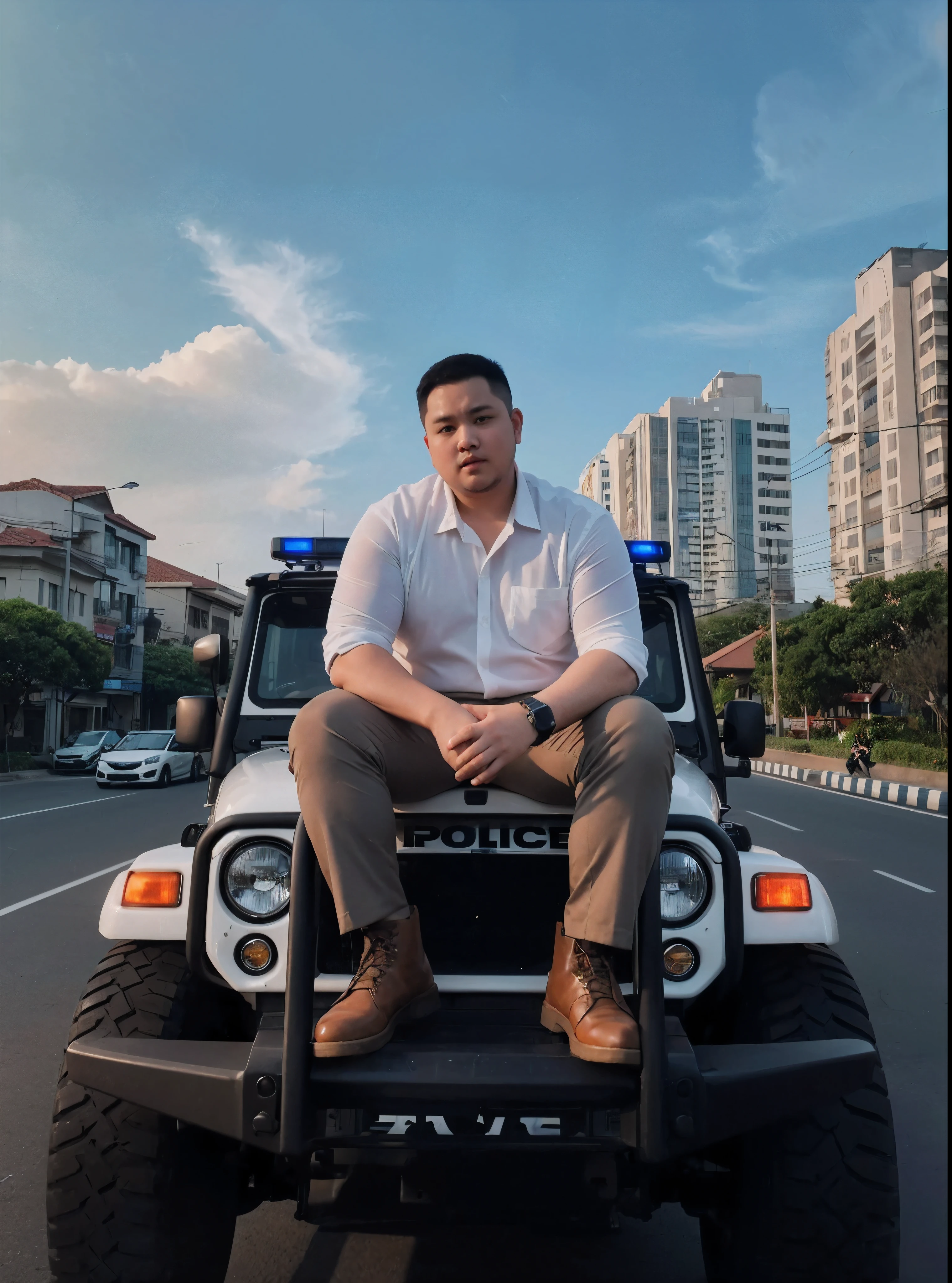 Outdoor photo, a chubby man from Indonesia, 25 years old, (short haircut), wearing a semi-formal white shirt, sitting on a police patrol jeep, with a background of quiet city streets, amazing blue sky, best photography, realistic, detailed, UHD, 32k