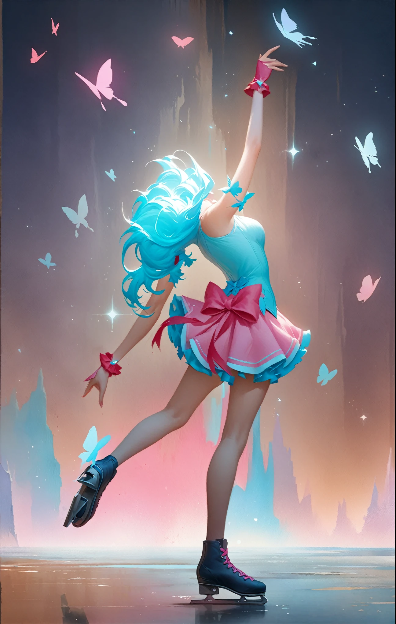 anime girl in a short dress and ice skates is skating with butterflies, sh, guweiz, splash art anime , soft anime illustration, zerochan art, guweiz on pixiv artstation, digital art on pixiv, artwork in the style of guweiz, beautiful anime artwork, style of magical girl, watercolor illustration style